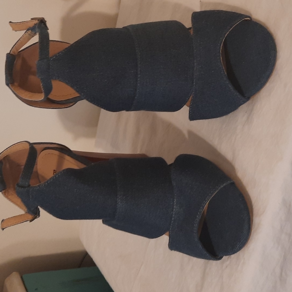 Bamboo denim and camel chunky heel y2k style size 10 shoes - Picture 2 of 6